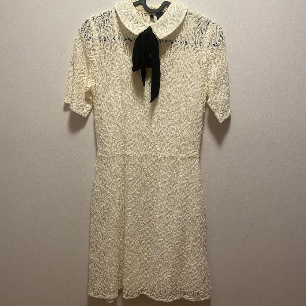 The Kooples Cream Lace Mini Dress with Black Bow